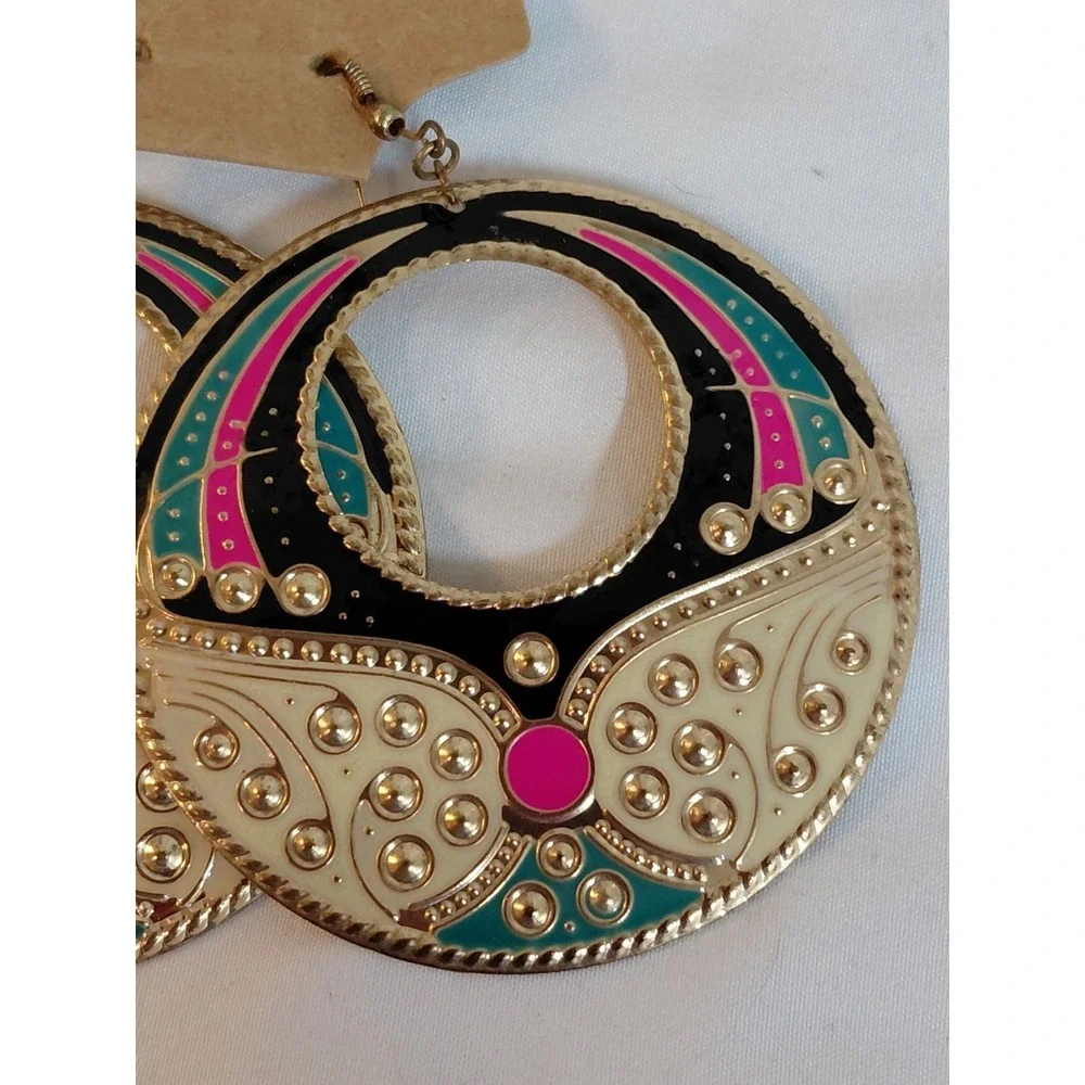 Large Gold Tone Enamel Statement Earrings Black Pink Turquoise Cream Dangle